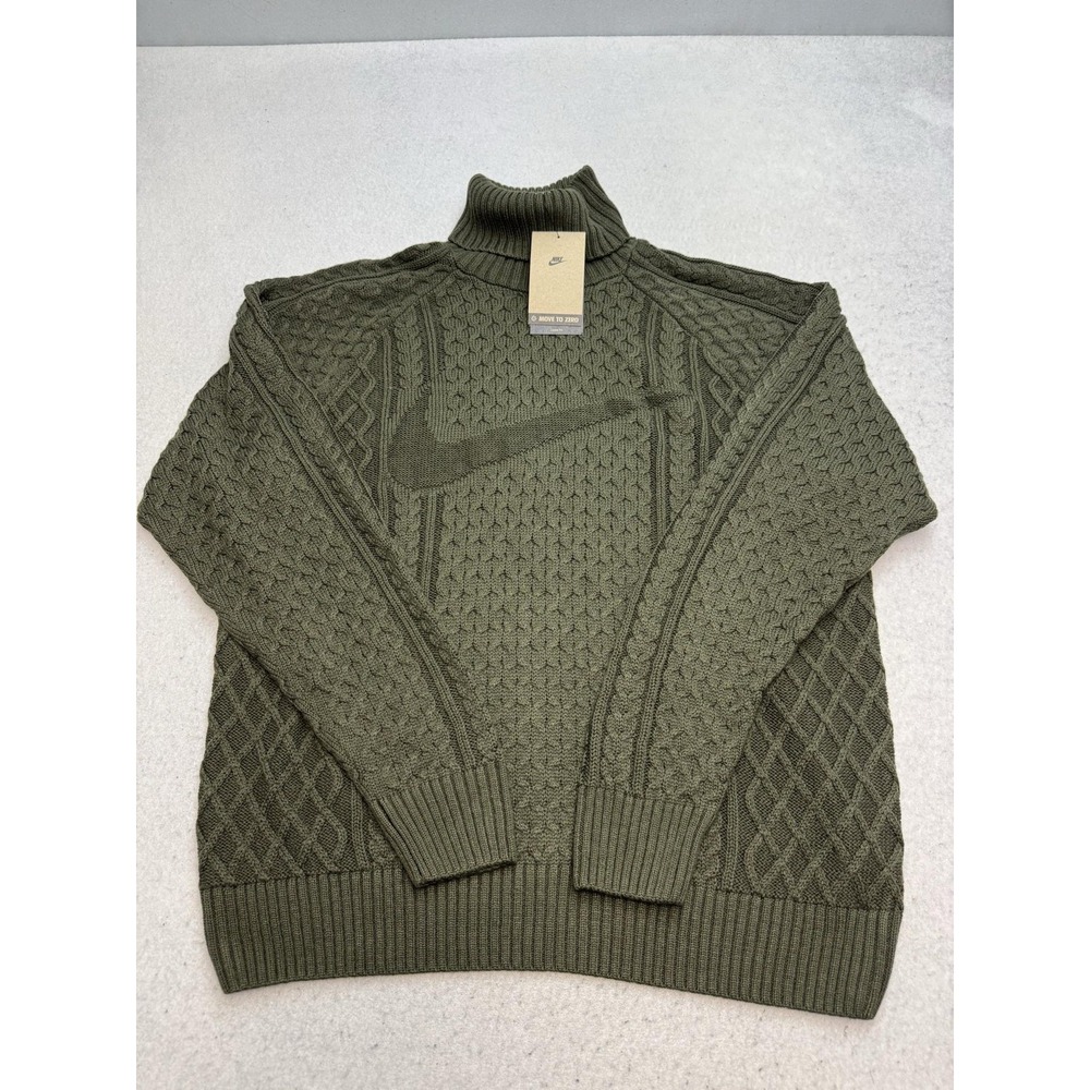 Nike Sweater Mens Medium Green Polyester Wool Mock Neck Cable Knit Pullover